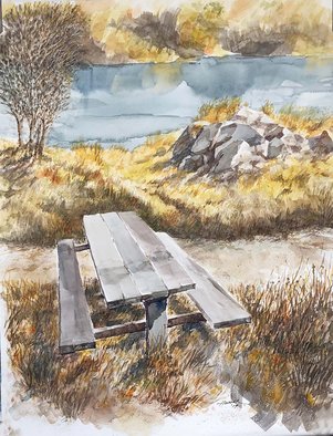 John Hopper; Your Table Awaits, 2020, Original Watercolor, 17 x 22 inches. Artwork description: 241 Walking a hiking trail along the Deschutes River in Oregon I came across this lone picnic table and it seemed to invite me to paint it. ...