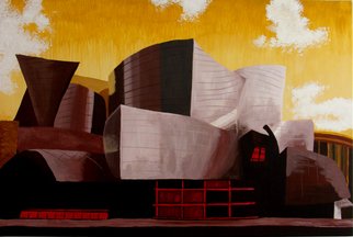 Juan Carlos Vizcarra; Disney Concert Hall, 2008, Original Painting Acrylic, 36 x 24 inches. Artwork description: 241  The Walt Disney Concert Hall at 111 South Grand Avenue in Downtown Los Angeles, California, is the fourth hall of the Los Angeles Music Center. The Frank Gehry- designed building opened on October 24, 2003. This interpretation echoes the color and patina of japanese samurai era paints ...