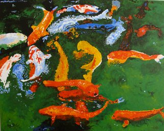 Juan Carlos Vizcarra; Koi Pond 2008, 2008, Original Painting Acrylic, 40 x 31 inches. Artwork description: 241  Koi Ponds are the ideal place for growing Nishikigoi Japanese Carp. Known for their soothing sights and sounds, this painting depicts a pond bathed in vibrant colors and heavy paint strokes that evoke dynamic movement while maintaining a highly stylized look. ...