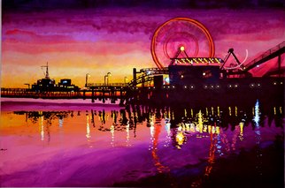 Juan Carlos Vizcarra; Santa Monica Pier, 2012, Original Painting Acrylic, 36 x 24 inches. Artwork description: 241   The original Santa Monica Pier opened in 1909, and it has evolved into a brightly lit icon of California. Since it' s nascent days it has been featured in many Hollywood films, including: Tillie' s Punctured Romance, Elmer Gantry, Night Tide, Bean, The Sting, A ...