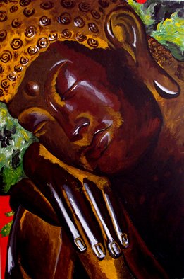 Juan Carlos Vizcarra; Placid In Brown, 2009, Original Painting Acrylic, 24 x 36 inches. Artwork description: 241  The reclining posture may represent the Buddha resting or sleeping, but more usually represents the mahaparinabbana: the Buddha' s final state of enlightenment before his death and occasionally ministering to his followers just before his death. Done in Hues of red and accents of green ...