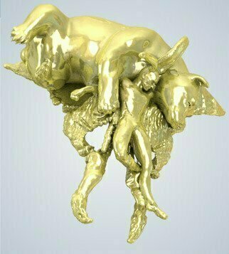 James Johnson; Bear And Mothman Rest, 2021, Original Sculpture Other, 5.9 x 4.3 inches. Artwork description: 241 Free shipping within the continental USA.  Gold plated bronze.  An ancient and contemporary myth join forces to caution us, They have been working over- time and now they must rest.  