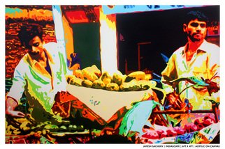 Jayesh Sachdev; Fruit Seller, 2012, Original Painting Acrylic, 72 x 40 inches. Artwork description: 241 My work explores the relationship between the body and urban spaces.  Glorifying our experiences with our exterior surroundings into our inner space.  As shifting forms become transformed through diligent and personal practice.  Exploring and comprehending the relationship between acquired synesthesia and emotional memories leaving the viewer with ...