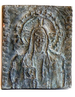 Judyta Bil; Madonna, 1987, Original Sculpture Mixed, 4 x 5 inches. Artwork description: 241  Bas- relief sand casted in zinc.Patina applied.One of a kind. ...