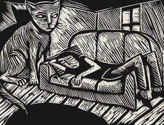 Julian Dourado; Cat And Sofa, 1996, Original Printmaking Linoleum, 25 x 21 cm. Artwork description: 241 A graphic demonstration of what sometimes happens when you fall asleep on a Sunday afternoon after a heavy meal.  Themes Surrealism, expressionism, cat, sofa, sleep, dream. ...