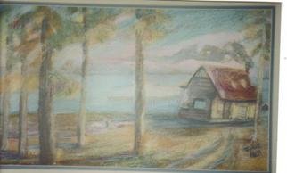 Julie Hall- Rainey; Northwoods, 2003, Original Pastel, 22 x 15 inches. Artwork description: 241 This is a very special painting , done in soft pastels in late winter colors > a cabin in the north woods with smoke coming out of the fireplace plus an outdoor toliet . ask for framed price...