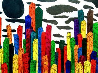 Neal Alicakos; Cubic Skyscrapers, 2017, Original Drawing Marker, 16 x 20 inches. Artwork description: 241 Abstract drawing print creating a city skyscraper scene in the abstract world. Multi colors and shapes used to create the drawing. ...