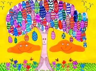 Neal Alicakos; Tree Of The Easter Eggs, 2017, Original Drawing Pastel, 20 x 16 inches. Artwork description: 241 Abstract drawing creating an Easter theme through images of landscape. The main character, The Tree, makes colored Easter Eggs which eventually come to you. There are smiling flowers, clouds, butterflies, and distant birds. Through bright colors, and smiling images the drawings mood is happy and fun.    ...