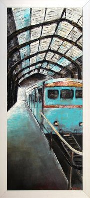 Kalli Matzora; Fast, 2008, Original Painting Oil, 88 x 146 cm. Artwork description: 241 station, train, blue...