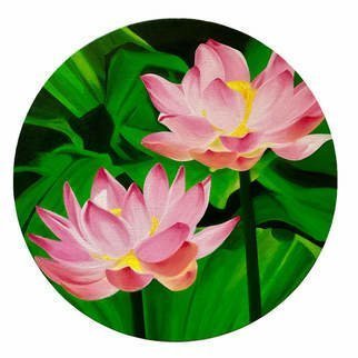Kalpana  Dhiman Sharma; Lotus Flower, 2021, Original Painting Acrylic, 12 x 12 inches. Artwork description: 241 Lotus Flower Painting, Original Artwork, Acrylic colours, Round canvas, Wall Art , 12x 12 inches, gift, home decor, floral, flower pond. ...