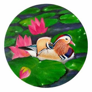 Kalpana  Dhiman Sharma; Mandarin Duck, 2021, Original Painting Acrylic, 12 x 12 inches. Artwork description: 241 Mandarin duck Acrylic Painting on Canvas, Round Art Work, Gifts, Home Decor , Wall art ...