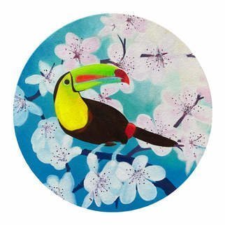 Kalpana  Dhiman Sharma; Toucan Bird, 2021, Original Painting Acrylic, 12 x 12 inches. Artwork description: 241 Toucan Bird Painting, Flower painting, Original Artwork, Acrylic colours, Round canvas, Wall Art , 12  x 12  100   hand- painted artwork one of a kind by artist Kalpana Dhiman Sharma...