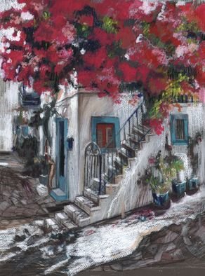 Elzbieta Kamienska; Greece, 2017, Original Pastel, 30 x 42 cm. Artwork description: 241 Keywords: red, southern, stairs, street, town, tree, buildings ...