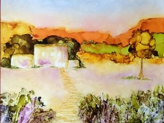 Karen Jacobs; Adobe At Sunset, 2019, Original Painting Ink, 11 x 8.5 inches. Artwork description: 241 Original ink painting on paper. Includes white mat, backer board and protective sleeve. Fits in a standard 11x14 frame. Numbered prints are available. ...