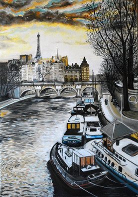 Katarina Radenkovic; Paris, 2015, Original Painting Oil, 70 x 100 cm. Artwork description: 241  View on the Seine river and the Eiffel Tower, Paris ...