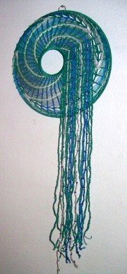 Kathie Freeman; Swirligig Redux, 2012, Original Fiber, 18 x 45 inches. Artwork description: 241  Hand- knotted over a wire frame, this colorful contemporary macrame design is perfect for almost any room. Predominate colors are blue, green and white.Measures 18 inches in diameter with 36- inch dreadlocks ...