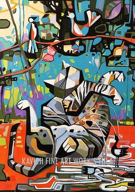 Kavich Art; Cat Milk, 2022, Original Painting Acrylic, 50 x 70 cm. Artwork description: 241 my cat inspired, life energy...