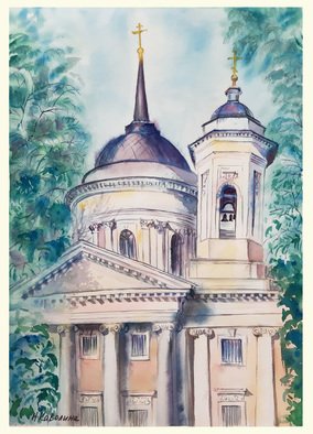 Natalia Kavolina; A144 Church In Balashikha, 2019, Original Watercolor, 28 x 40 cm. Artwork description: 241 Russia, manor, church, Transfiguration, park, summer, walk, weekend, trees, architecture...