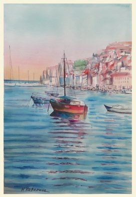 Natalia Kavolina; A148 Croatia Sea Yacht, 2019, Original Watercolor, 28 x 40 cm. Artwork description: 241 Croatia, sea, seashore, yacht, summer, sky, island, town, seaside, vacation, travelling, beach. ...