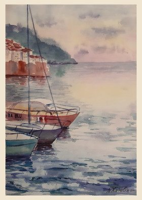 Natalia Kavolina; Boats And The Island, 2019, Original Watercolor, 27 x 40 cm. Artwork description: 241 Original watercolor painting. ...