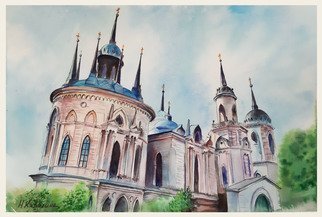 Natalia Kavolina; Church In Bykovo Manor A143, 2019, Original Watercolor, 40 x 28 cm. Artwork description: 241 Russia, Bykovo, manor, architecture, summer, travelling, tourism, sky...
