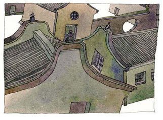Keith Wilson; DRAGONWELL MONASTERY-Hang Zhou, 2002, Original Printmaking Giclee, 18 x 13 inches. Artwork description: 241 Gray- green plaster buildings set along a hillside below the spring that is used to brew dragonwell tea. The spatial relationship of the buildings creates a dialog or conversation between the solids and the voids that is in a constant state of flux like water pouring from ...