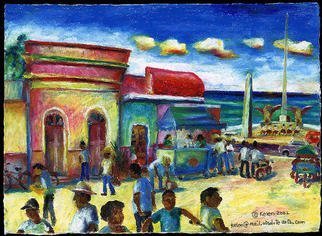 L. Kelen, 'BeforeTouristsArrive', 2002, original Painting Oil,    inches. Artwork description: 2307 Locals in Town Square in Cozumel, before the tourist boats arrive for the day. . . . . oil pastel...