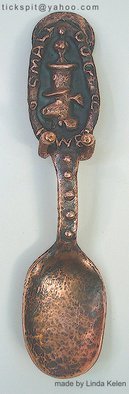 L. Kelen; Copper Spoon  Sdop, 2009, Original Metalsmith, 2 x 8 inches. Artwork description: 241 Chased/ repoussed copper spoon on handmade copper wall hanger.It' s been recently reported that it works very well for morning cereal....
