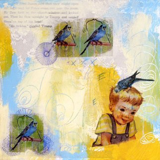 Kelly Goode; Parakeet Peter, 2009, Original Collage, 16 x 16 inches. Artwork description: 241  This piece reflects the feelings of childhood. Images taken from a childhood book and paired with acrylic paint, crayon, spirograph and decorative papers. It's about letting go of something in hopes it will come back to you. Art is on a gallery canvas. ...