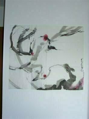 Kichung Lizee, 'Dance Of Crane', 2005, original Mixed Media, 30 x 49  inches. Artwork description: 3099  done on mulberry paper, using Chinese ink, Eastern calligraphy brush and water color.  presented as a traditional Asian scroll. ...