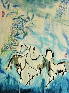 Kichung Lizee, 'Dancing Cranes', 2020, original Mixed Media, 18 x 24  x 1 inches. Artwork description: 2307 Using Eastern calligraphy brush technique for Western expression...