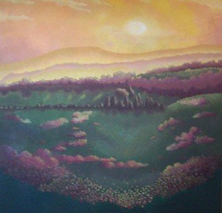 Kimberley Walton; Sunset Dream, 2007, Original Painting Acrylic, 31 x 31 inches. Artwork description: 241  A colorful sunset turns a hilly landscape into a fantasyland of brilliant flowers and fluffy trees. The hills undulate toward the center of the painting while the pointelistic flowers form hazy patches of soft color. The perfect use of contrasting colors form the essence of the painting, ...