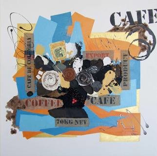 Vasco Kirov; Cafe Collage L2, 2017, Original Collage, 32 x 32 inches. Artwork description: 241 This is a collection of collages depicting the long route of coffee from the sunny fields of exotic far away countries to the steaming cup of the delicious brew with all its varieties. The many colours and textures associated with a high end coffee shop experience are ...