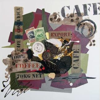 Vasco Kirov; Cafe Collage M2, 2017, Original Collage, 25 x 25 inches. Artwork description: 241 This is a collection of collages depicting the long route of coffee from the sunny fields of exotic far away countries to the steaming cup of the delicious brew with all its varieties. The many colours and textures associated with a high end coffee shop experience are ...