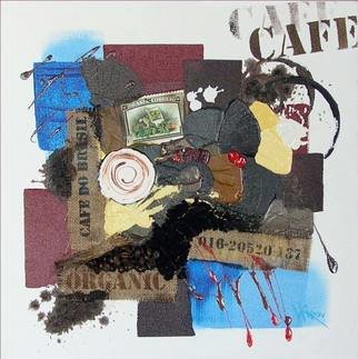 Vasco Kirov; Cafe Collage S1, 2015, Original Collage, 16 x 16 inches. Artwork description: 241 This is a collection of collages depicting the long route of coffee from the sunny fields of exotic far away countries to the steaming cup of the delicious brew with all its varieties. The many colours and textures associated with a high end coffee shop experience are ...