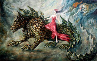 Margarita Usmanova; 666, 2015, Original Painting Oil, 125 x 200 cm. Artwork description: 241  dragon, girl, red, darkness, tiger, apocalypse ...