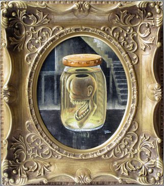 Tkl Kizimecca; Specimen Of An Incompetent Man, 2020, Original Painting Oil, 220 x 273 mm. Artwork description: 241 ARTWORK TITLE: Specimen of an incompetent man in a bottle.Most of the males are always living with stupid and frivolous feeling. This thing is rancor and fun. I imagined that such feeling may be preserved if the guy becomes specimen. in a bottle.This is made ...