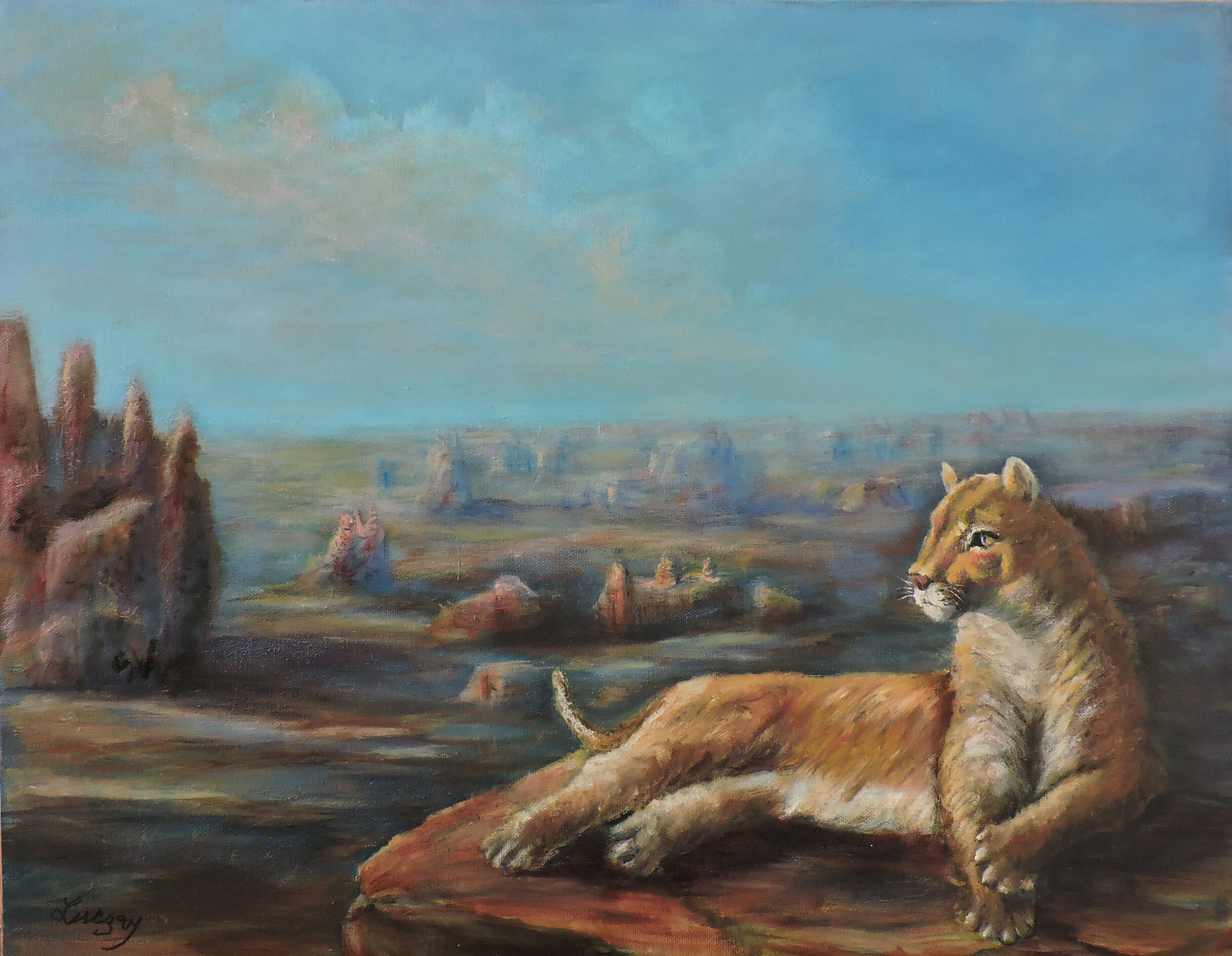 Katalin Luczay; Arizona The Mountain Lion Puma, 2022, Original Painting Oil, 20 x 16 inches. Artwork description: 241 The colors of Arizona rocks, with the mystery of the mountain lion, Grand Canyon, Puma, National Parks, puma at the National Parks...