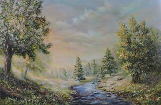 Katalin Luczay; Fall Colored Trees And River, 2024, Original Painting Oil, 18 x 24 inches. Artwork description: 241 Fall colors a painting depicting a peasant sunny day with a refreshing brook and fall colored trees...
