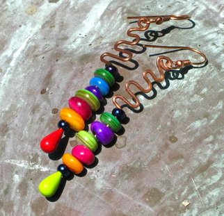 Cheryl Brumfield-Knox; Colorful Copper Squiggles, 2011, Original Jewelry,  3 inches. Artwork description: 241  An energetic, fun, summer- time design made from hammered copper wire and colorful glass beads that remind me of Skittles candies! The entire overall length is 3