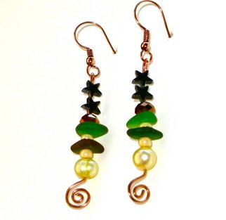 Cheryl Brumfield-Knox; Copper Labyrinth Swirls A..., 2011, Original Jewelry,  2.5 inches. Artwork description: 241  These magical earrings are full of fun things, like Hematite stars, copper labyrinth swirls, shimmering crystals, pale yellow- green freshwater pearls, and my favorite, a double- layer of Sea Green beach glass. They measure 2 1/ 2