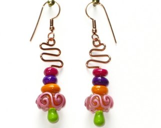Cheryl Brumfield-Knox; Cup Cake Sweet Swirls And..., 2011, Original Jewelry,  2.2 inches. Artwork description: 241   Colorful glass and swirly lampwork beads, topped with copper twirls- made for the festive mood! This fun pair measures just over 2 1/ 4