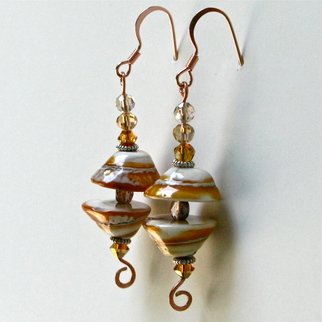 Cheryl Brumfield-Knox; Golden Shells With Copper..., 2011, Original Jewelry,  2.8 inches. Artwork description: 241  Lightly hammered copper wire threads Swarovski crystals, golden shells and czech fire- polished crystal together to form dangle that measures nearly 3
