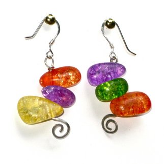 Cheryl Brumfield-Knox; Jelly Beans, 2011, Original Jewelry,  1.3 inches. Artwork description: 241  Jelly Bean earrings! Fellow jelly bean- lovers will swoon over these yummy little jewels! Colorful crackle- glass beads with sterling silver ear wires, connected with sterling silver wire with a gently hammered, curly- q finish. Measures 1 3/ 4
