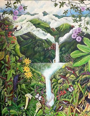 Meenakshi Subramaniam; The Source 2, 2016, Original Painting Acrylic, 35 x 32 inches. Artwork description: 241            Bird Art India, Wildlife, Nature , Western Ghats, Kerala, endemic  Butterflies of tropical forests in India     Birds, waterfalls, clouds birds and butterflies  ...