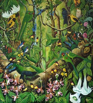 Meenakshi Subramaniam; Malabar Garden Diptych, 2017, Original Painting Acrylic, 2 x 4.6 feet. Artwork description: 241 Birds of Kerala sunbirds, drongo oriole...