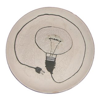 Krylova Aglaya; Bulb, 2006, Original Ceramics Other, 30 x 30 cm. Artwork description: 241  This plate represents a bulb deprivated of it' s function as a practical device and placed on a flat cracked white wall, which itself found it' s place on a curved surface of a dish.  ...
