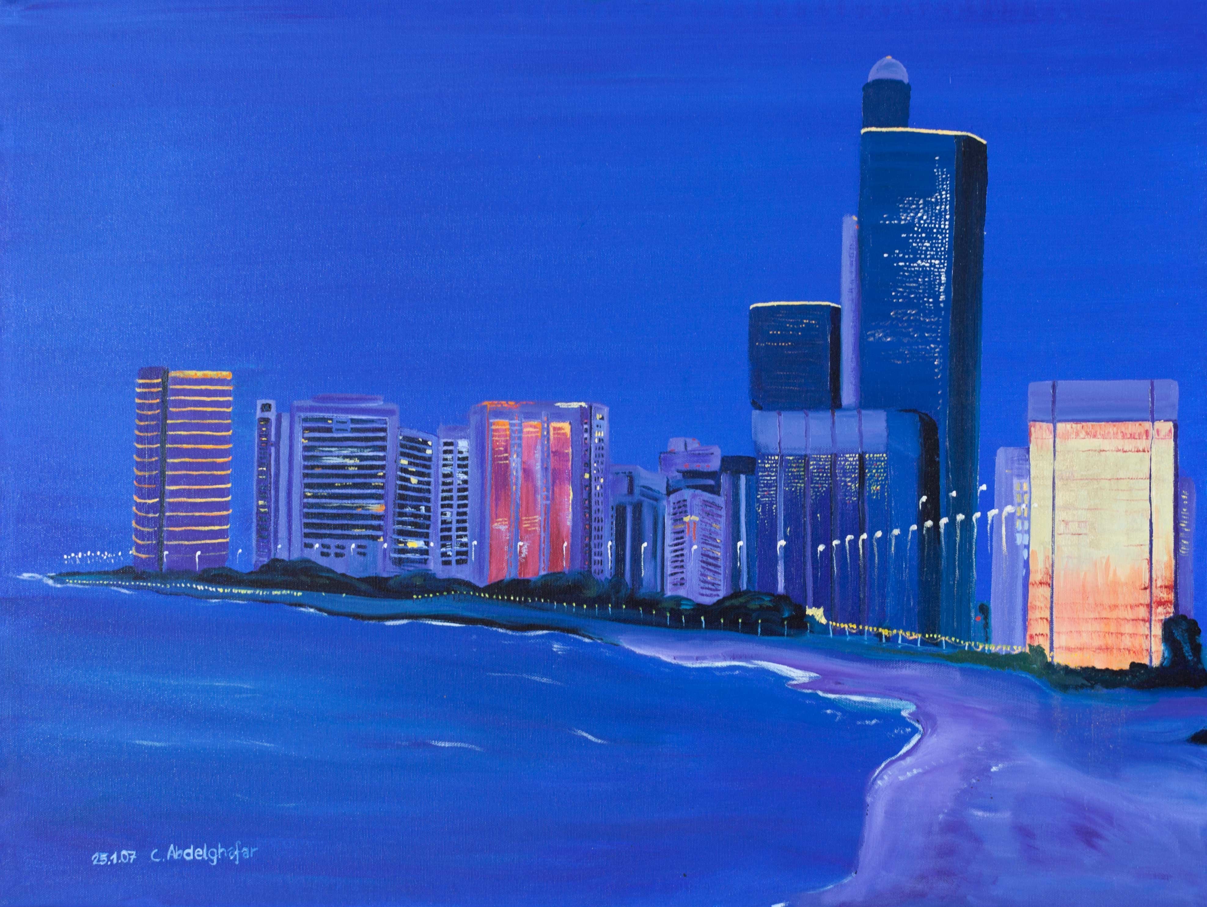 Claudia Luethi Alias Abdelghafar, 'Abu Dhabi', 2007, original Painting Oil, 60 x 80  x 2 cm. Artwork description: 2103 Oilpainting on canvas from Abu Dhabi while sunset.  In the right window I painted a lot gold pigments for the effect of the sun.  My vather was an architect, I think this is why I am also fascinated from the architecture.  Unfortunately he died early The size ...