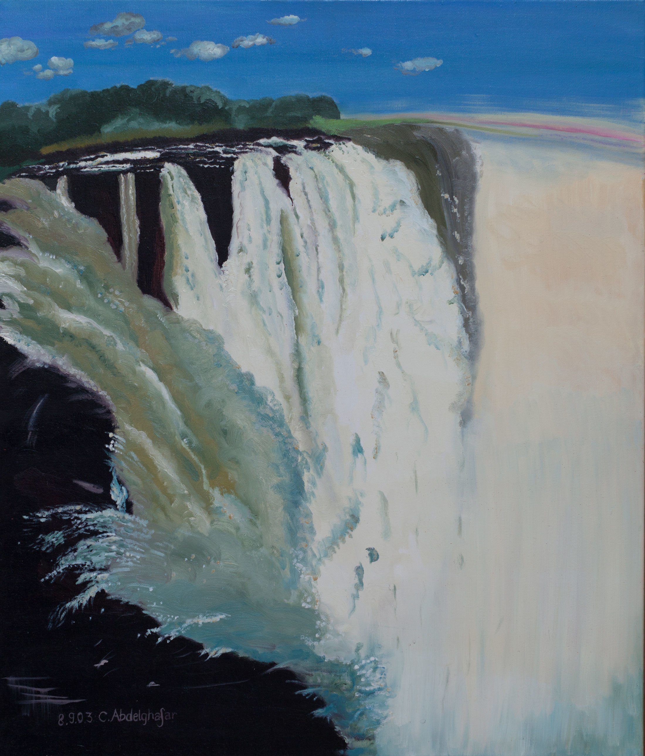 Claudia Luethi Alias Abdelghafar, 'Victorian Waterfalls', 2003, original Painting Oil, 60 x 70  x 2 cm. Artwork description: 2103 Oilpainting on canvas from the victorian falls.  Can you feel the froth on your face You were never there Hang the painting on your wall and you are there The size of the painting is without frame 60 x 70 x 2 cm and with frame 63 ...