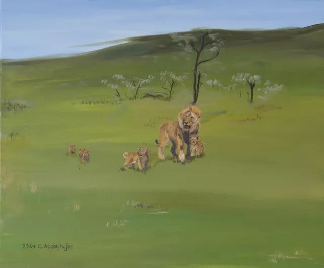 Claudia Luethi Alias Abdelghafar, 'Lion Family', 2004, original Painting, 60 x 50  x 2 cm. Artwork description: 1758 Oilpainting on canvas from a lionsfamily. Do you see the lionbabies in the gras. They are really sweet, aren t they  The size of the painting is without frame 50 x 60 x 2 cm and with frame 53 x 63 x 3 cm, the painting was ...